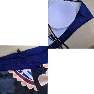 5XL 2 Piece Blue Retro Geometric Print Swimsuit Halter Bikini Top w/ Boy Shorts Plus Size Women