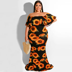 Plus Size Women Sunflower or Leaf Print Summer Dresss Off Shoulder Short Batwing Sleeve Long Length Orange or Black
