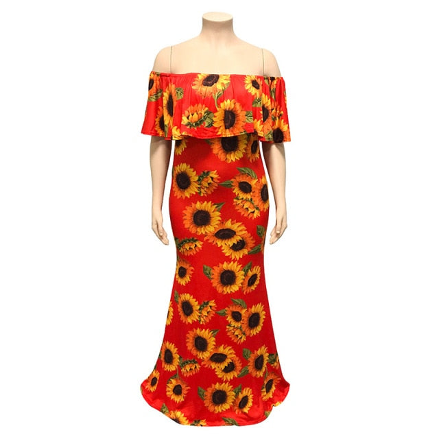 5XL Sunflower Print Summer Dresss Off Shoulder Short Batwing Sleeve Long Length Plus Size Women