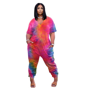 Plus Size Tie Dye Casual Rompers V Neck Short Sleeve Full Length  Orange Blue Yellow or Pink