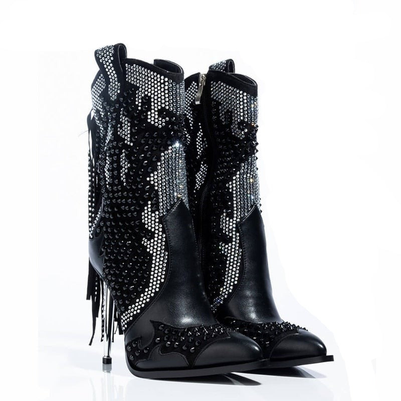 Womens Shoes Black Rhinestone Bling Mid Calf Stiletto Boots Gold or Silver