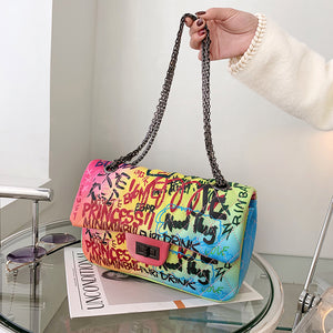 Grafitti Print Shoulder Bag w/ Chain Strap