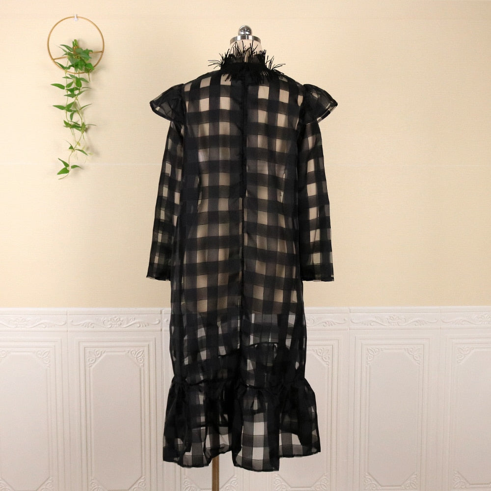 2XL Black Checker Mesh Dress Long Sleeve Full Length Plus Size women