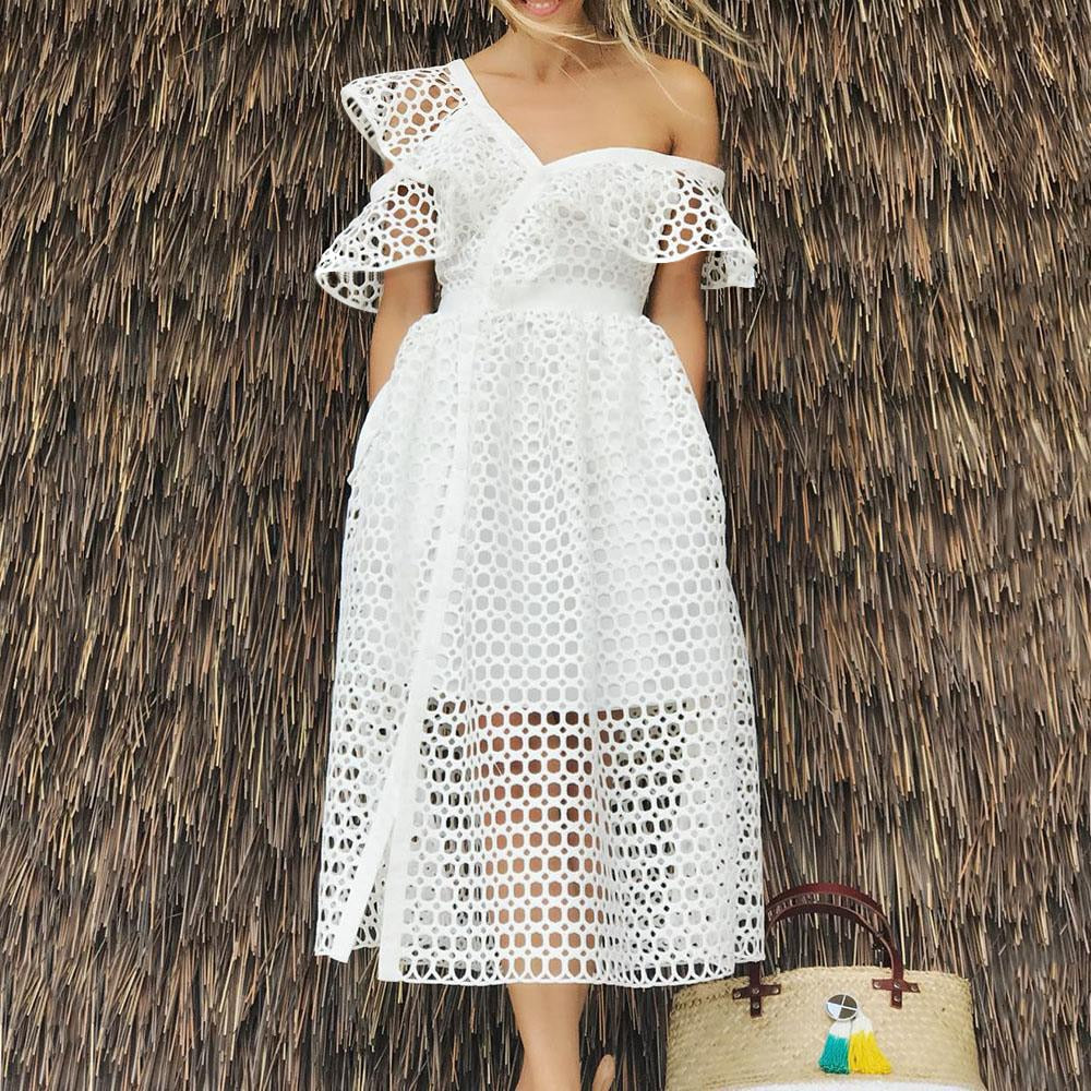 Plus Size Women White Checkered Hollowed Out Summer Dress Ruffled V Neck Off Shoulder Short Sleeve Mid Length 