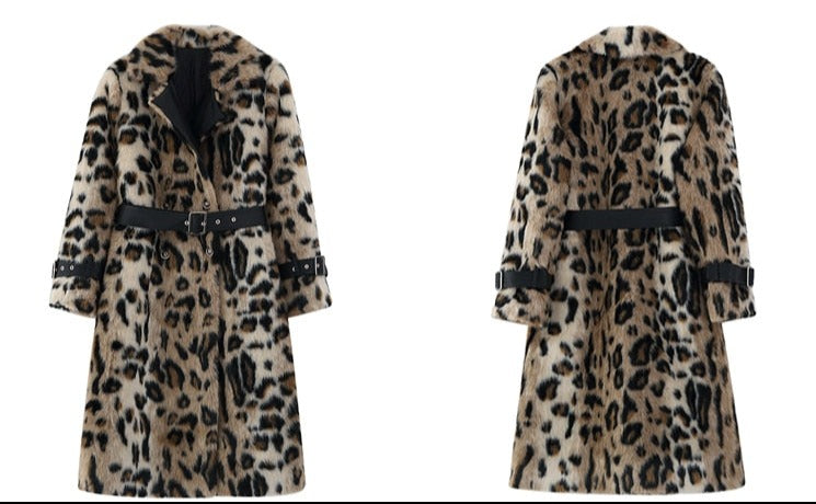 2XL Faux Fur Faux Leather Leopard Print Trench Coat Long Sleeve w/ Sash Plus Size Women