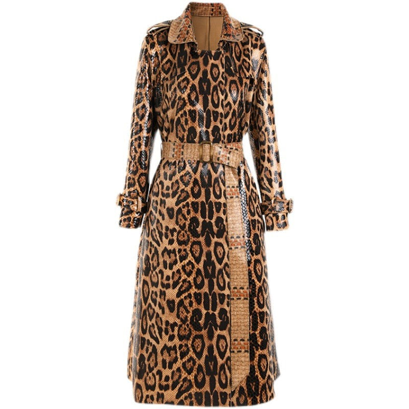 Plus Size Women  Faux Leather Brown Snake Print Trench Coat 