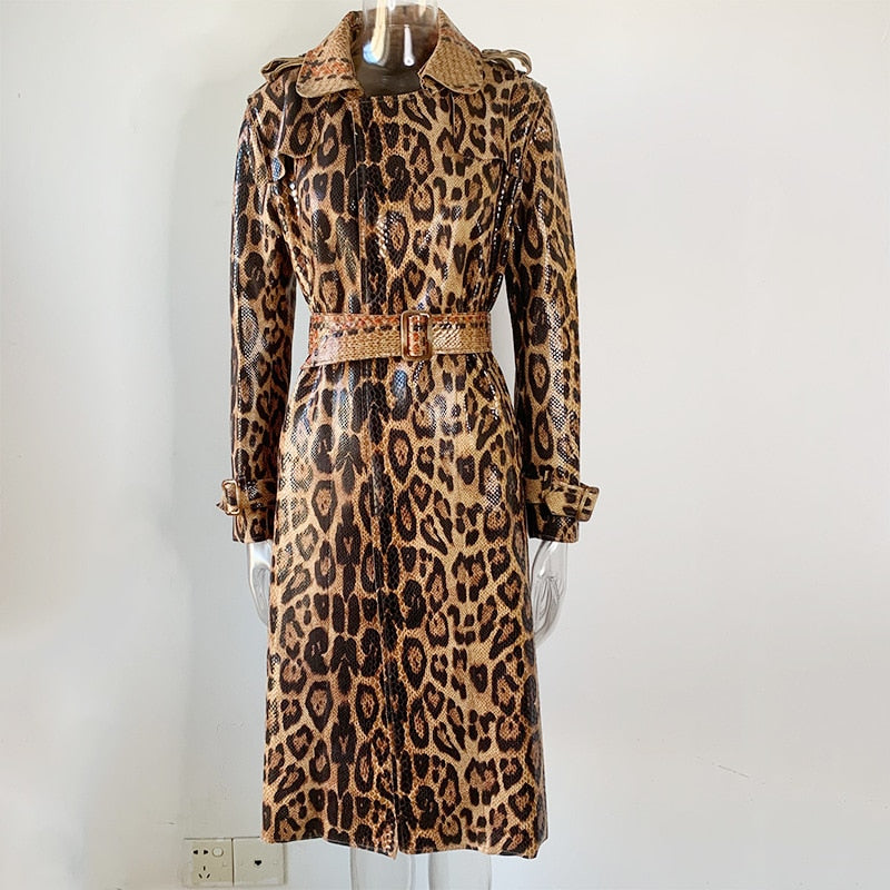 2XL Faux Leather Brown Snake Print Trench Coat Plus Size Women