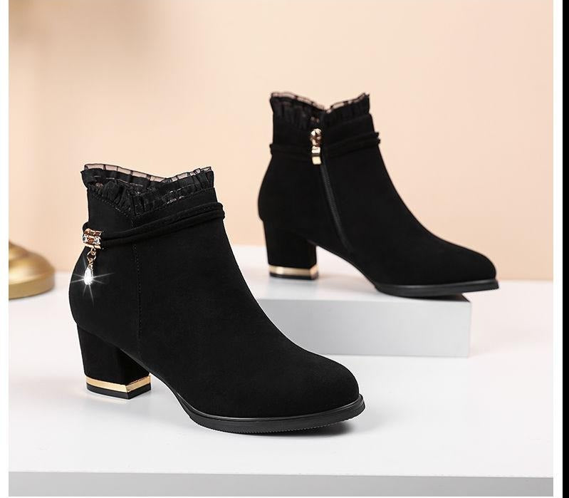 Black Lace Trim Waterproof Chelsea Ankle Boots Womens Shoes