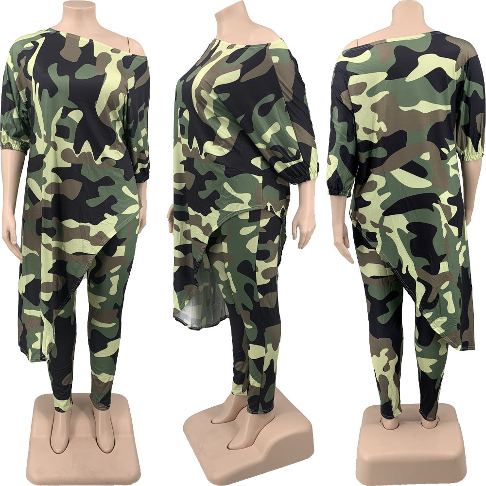 5XL 2 Piece Camouflage Print O Neck 3/4 Sleeve Asymmetric Long Length Top w/ Pants Plus Sie Women