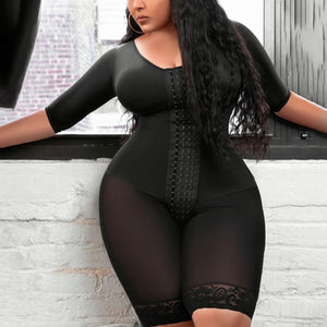 Plus Size Women Black Full Body Shapewear Body Suit  V Neck  3/4 Sleeve Knee Length