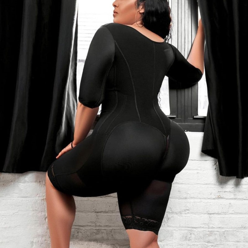 3XL Black Full Body Shapewear Body Suit V Neck 3/4 Sleeve Above Knee Plus Size Women