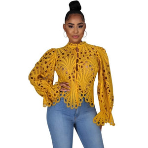 2XL Embroidered Hollowed Out Top Stand cjollar Long Flare Sleeve Plus Size Women