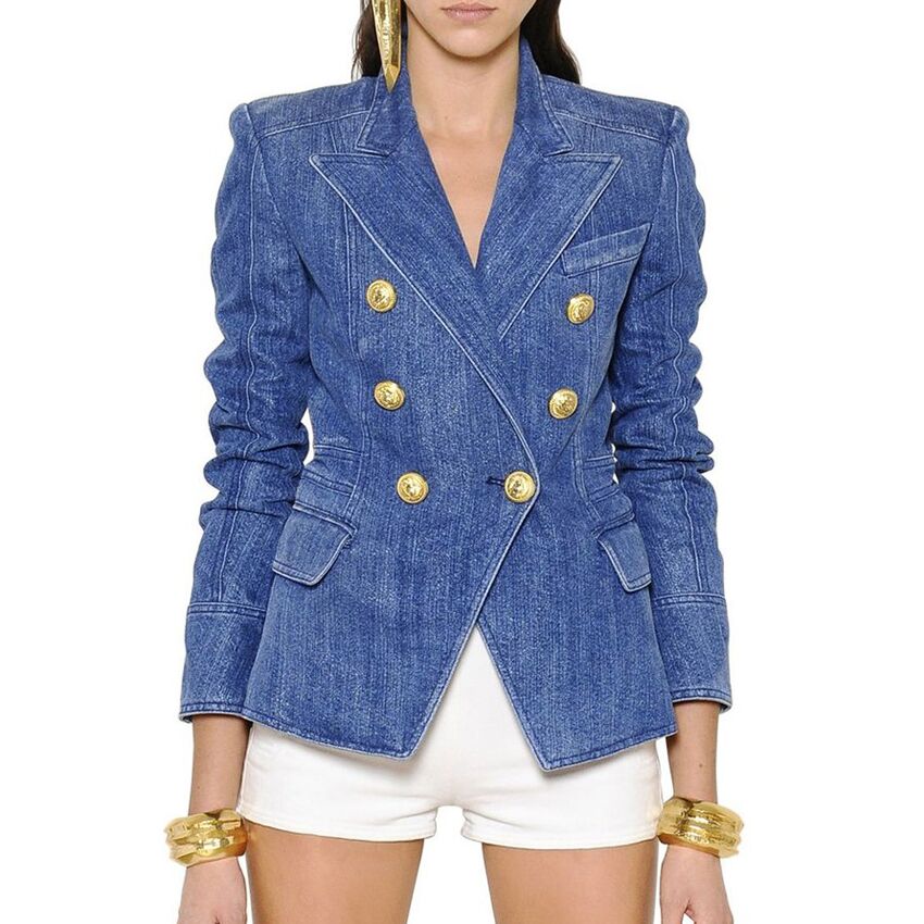 Plus Size Women Blue Denim Blazer Jacket