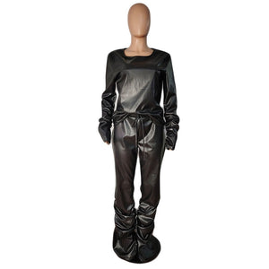 4XL Black Pleated Faux Leather 2 Piece Set O Neck Long sleee Top w/ Pants Plus Size Women