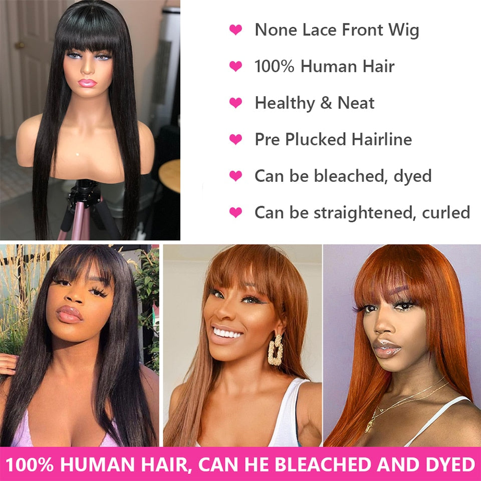 Brazilian Human Hair Straight Wig w/ Bangs