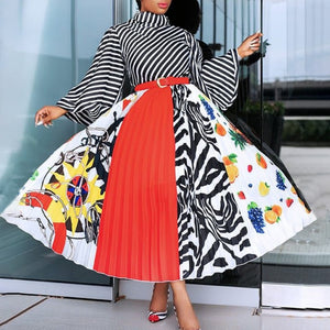 3XL Patchwork Floral Geometric Stripe Print Dress Stand Collar Long Flare Sleeve Calf Length Plus Size Women