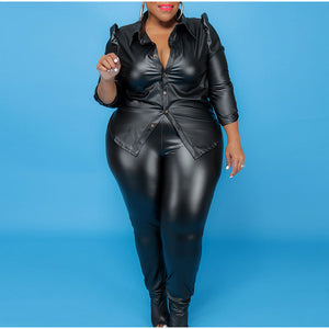 Plus Size Women Faux Leather 2 Piece Turn Down Collar Long Sleeve Top w/ Pants Blue Brown or Black