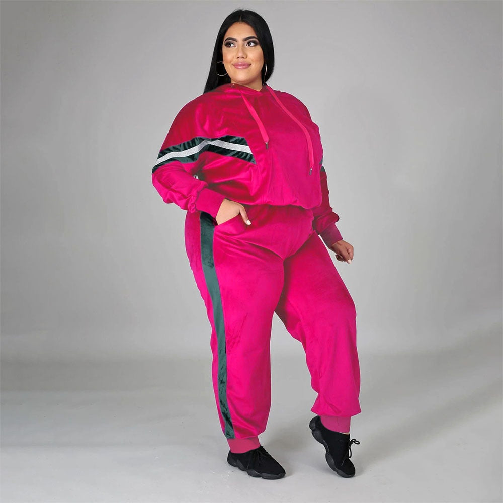 Plus Size Women 2 Piece Pink Velvet and Stripes Tracksuit Pullover Hoodie w/ Pants 
