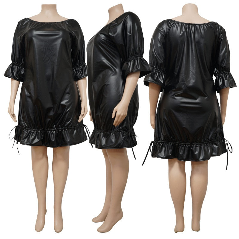 4XL Black Faux Leather Ruffle Dress O Neck 3/4 Sleeve Knee Length Plus Size Women
