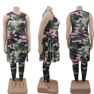 5XL Camouflage Print 2 Piece Set O Neck Sleeveless Long Length Top w/ Pants Plus Size Women