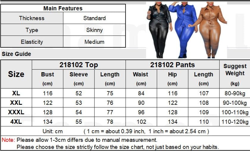 4XL Faux Leather 2 Piece Turn Down Collar Long Sleeve Top w/ Pants Plus Size Women