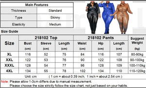4XL Faux Leather 2 Piece Turn Down Collar Long Sleeve Top w/ Pants Plus Size Women
