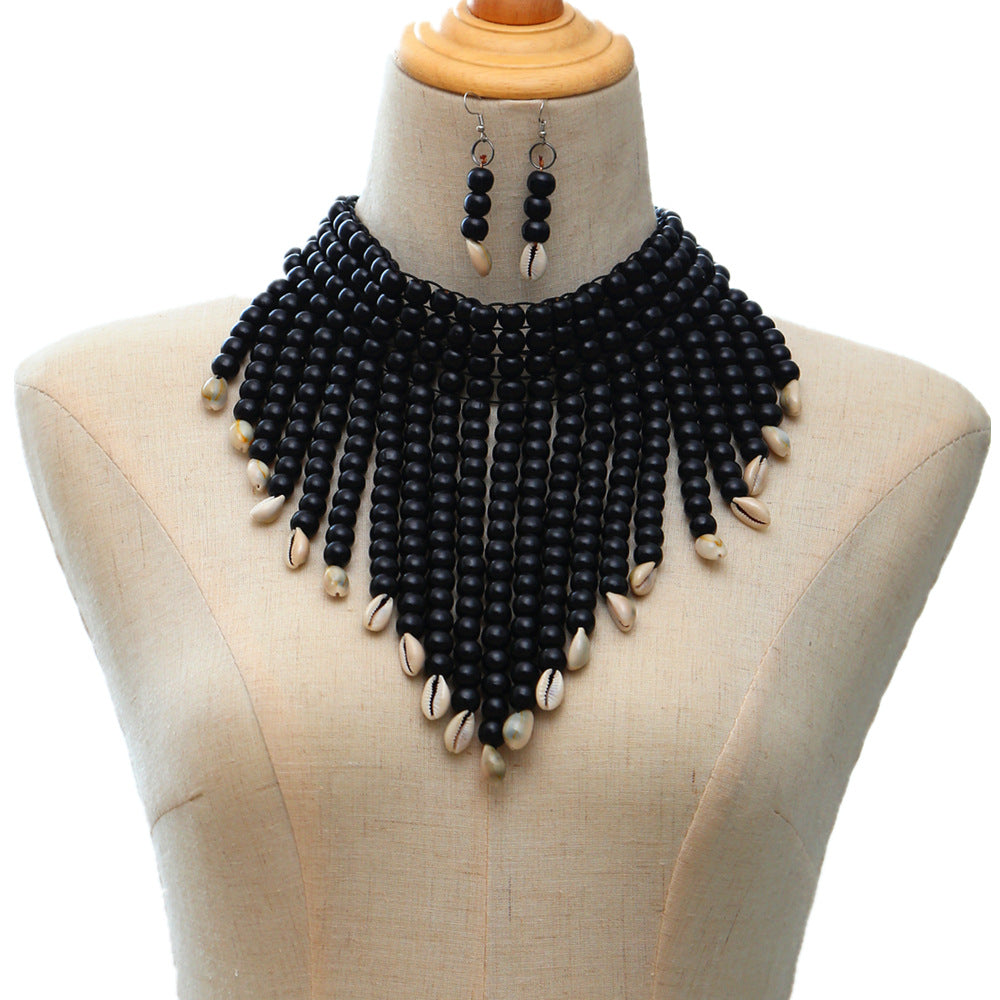 Beaded Shell Earrings and Choker Necklace Set