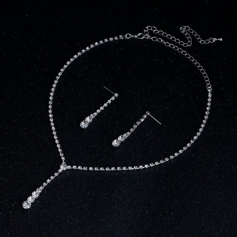 Silver Plated Celebrity  Drop Crystal Necklace Earrings Set  Women Jewelry