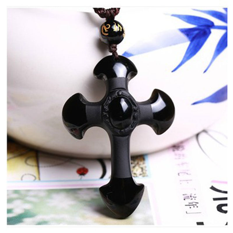 Black Obsidian Carving Crosses Pendant Necklace Womens Jewelry