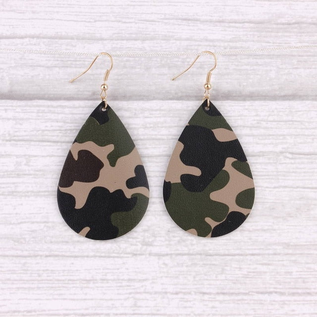 Leather Camouflage Print Tear Drop Earrings Womens Jewelry