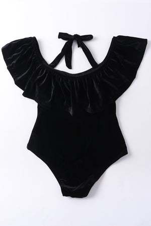 3XL 1 Piece Black Velvet Swimsuit Ruffle Off Shoulder Plus Size Women