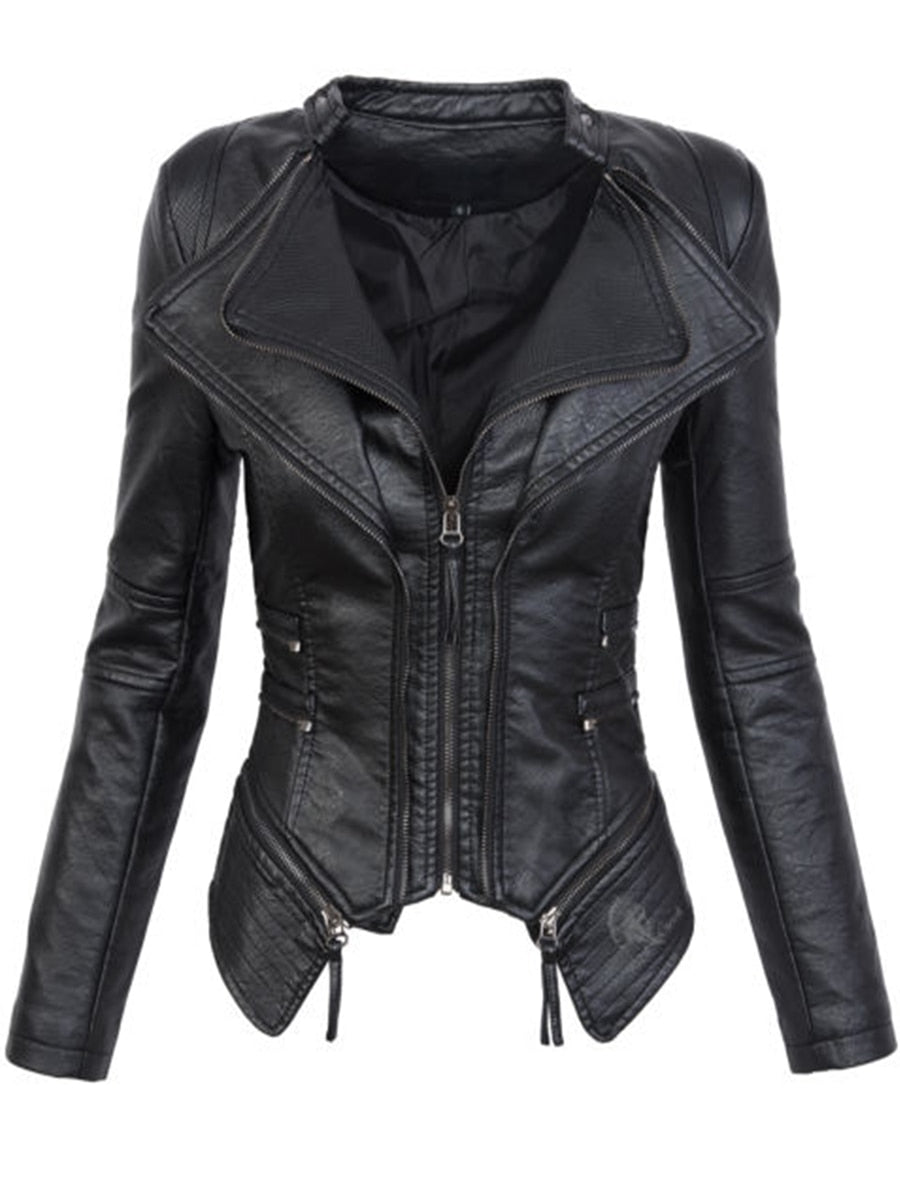 Womens Plus Size Double Lapel Black Faux Leather Motorcycle Jacket 