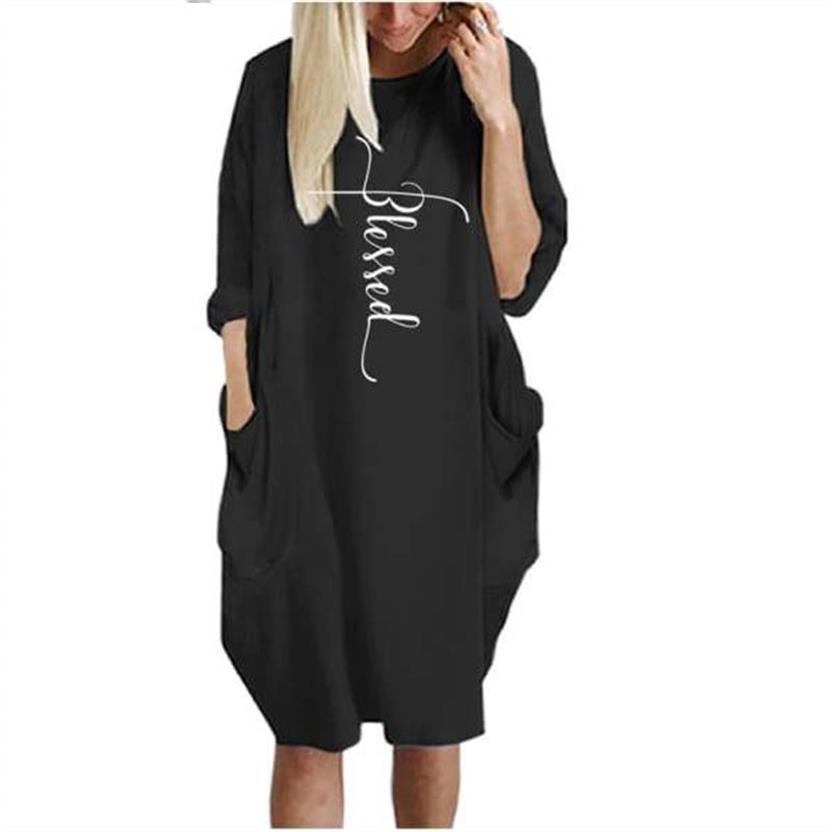 Womens Plus Size Blessed Logo Casual Dress O Neck 3/4 Sleeve
